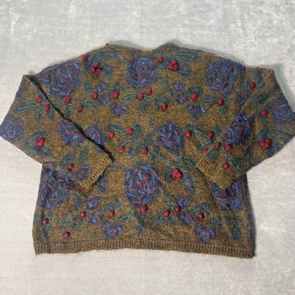 Vintage Express Tricot Womens Medium Mohair Blend Cardigan Floral Pom Pom Chunky - Picture 6 of 9